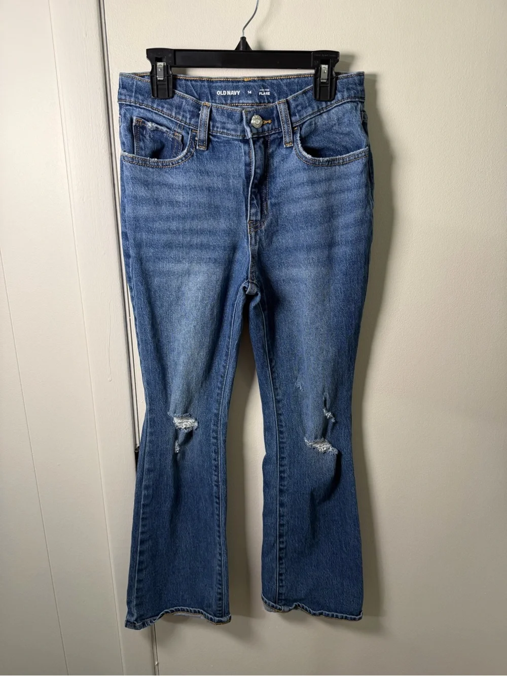 Old Navy Girls High‑Rise Flare Jeans | Size 14 | Distressed Knees | Blue Denim